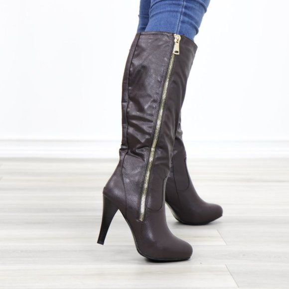 Brown Heeled Knee High Boots Faux Leather - Picture 5 of 14
